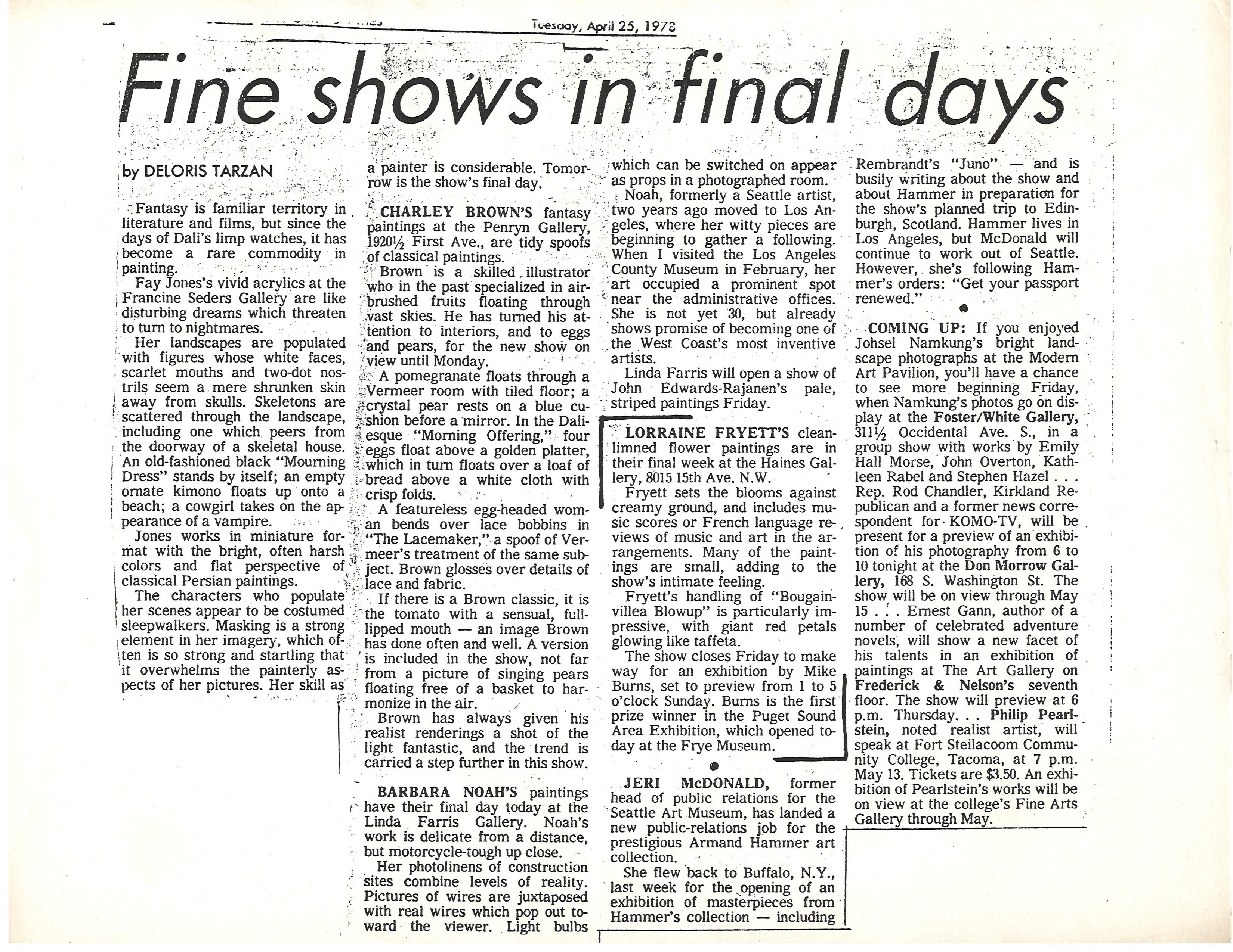 The Seattle Times, April 25, 1978 — "Fine shows in final days," by Deloris Tarzan.