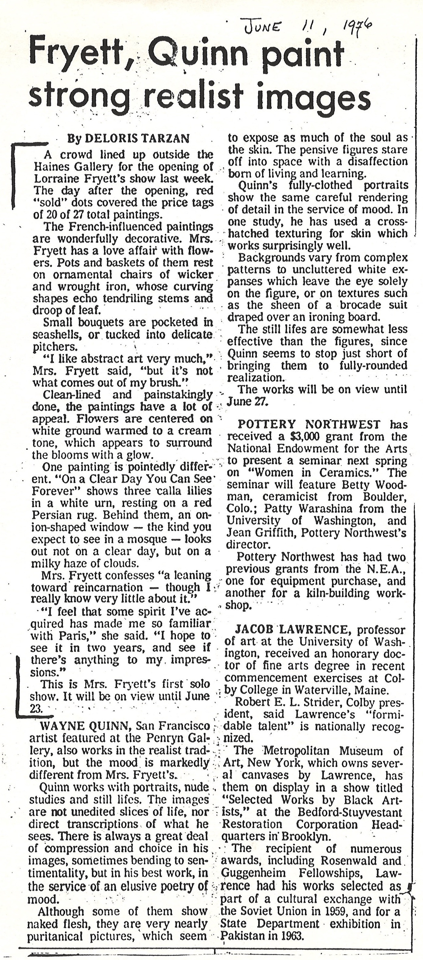 The Seattle Times, June 11, 1976 — "Fryett, Quinn paint strong realist images," by Deloris Tarzan.